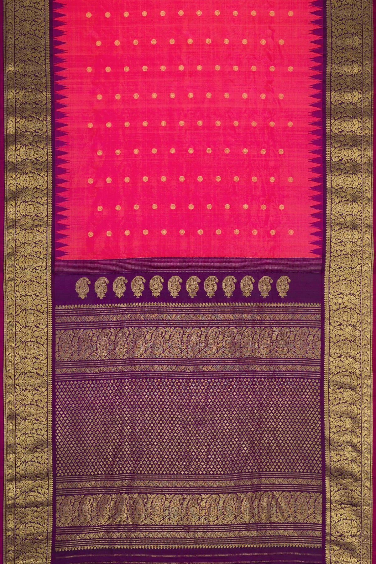 Flat view of Pink Dual Tone Gadwal Silk Saree with Zari Butta on the body and Zari Border. 