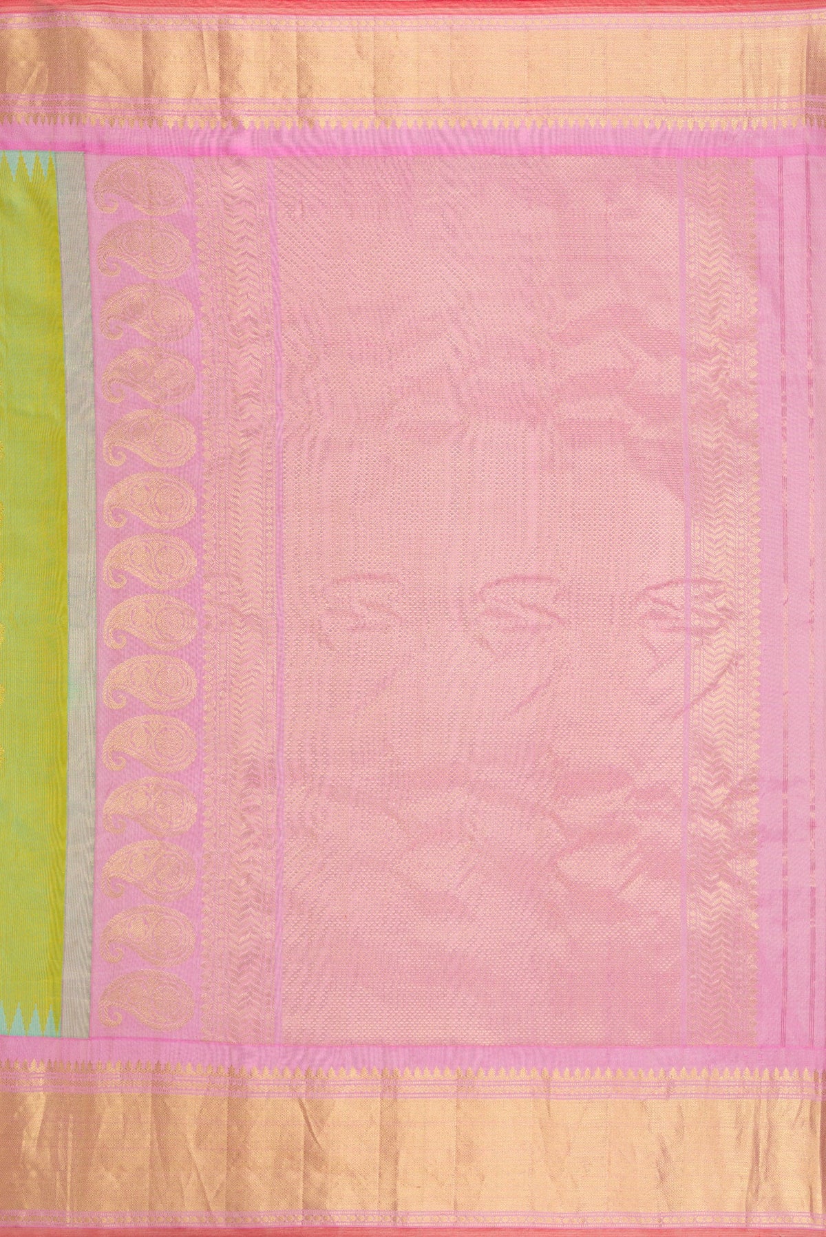 Close up image of the pallu of Light Green Dual Tone Gadwal Silk Saree with Zari Butta on the body and Zari Border. 