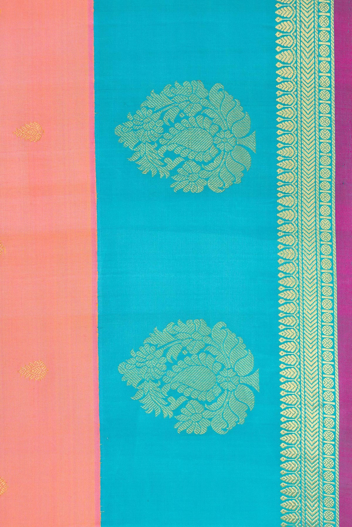 Border image of Golden Peach Dual Tone Gadwal Silk Saree with Zari Butta on the body and Fancy Border. 