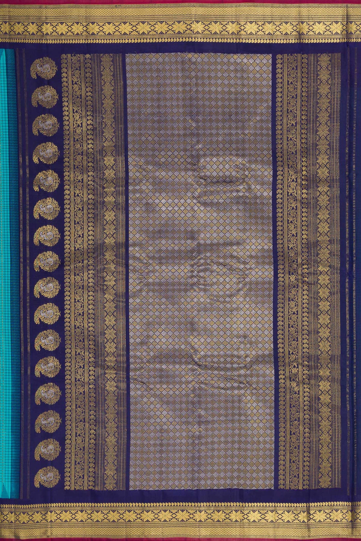 Close up image of the pallu of Sky Blue Dual Tone Gadwal Silk Saree with Checked design on the body and Temple Border. 