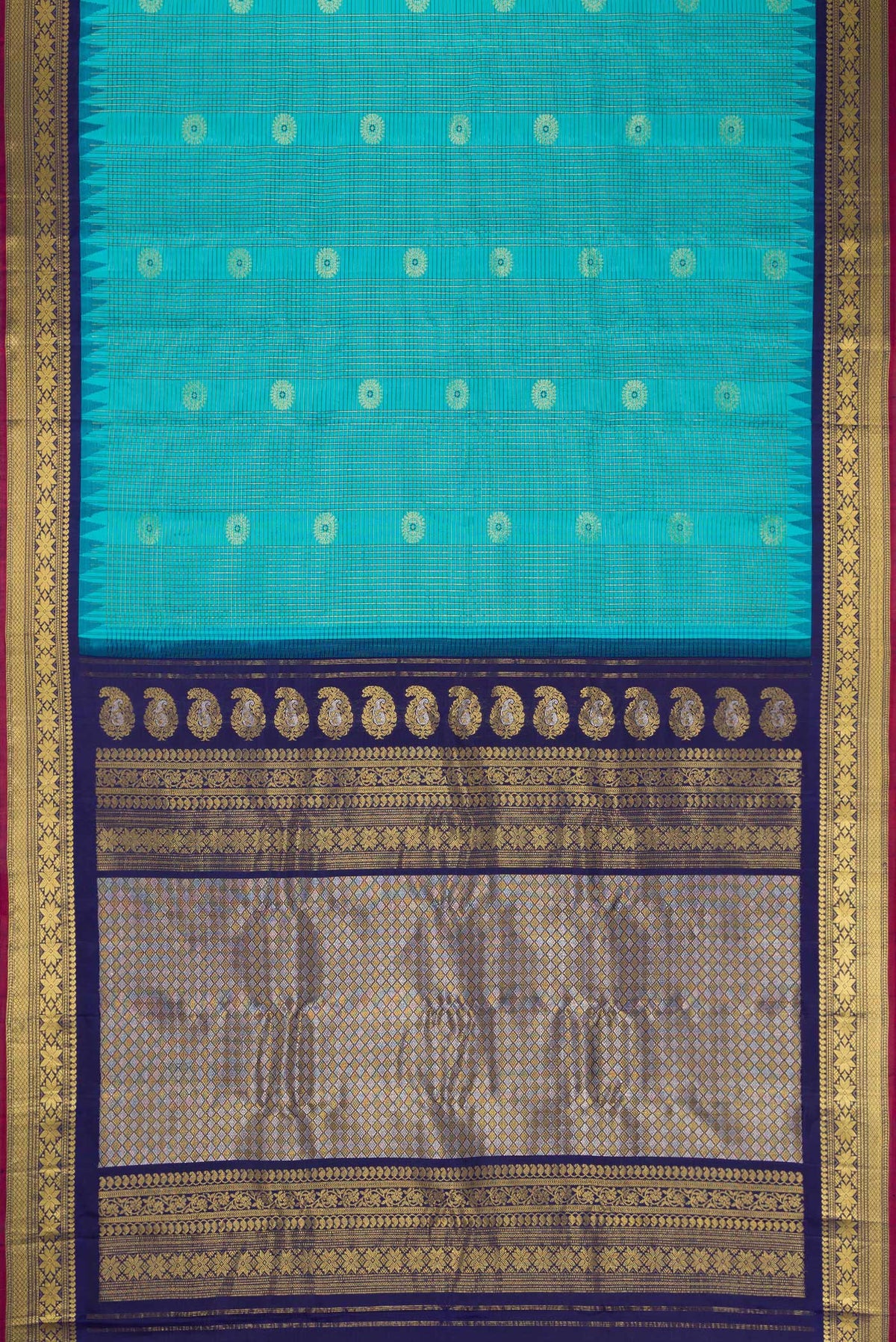 Flat view of Sky Blue Dual Tone Gadwal Silk Saree with Checked design on the body and Temple Border. 