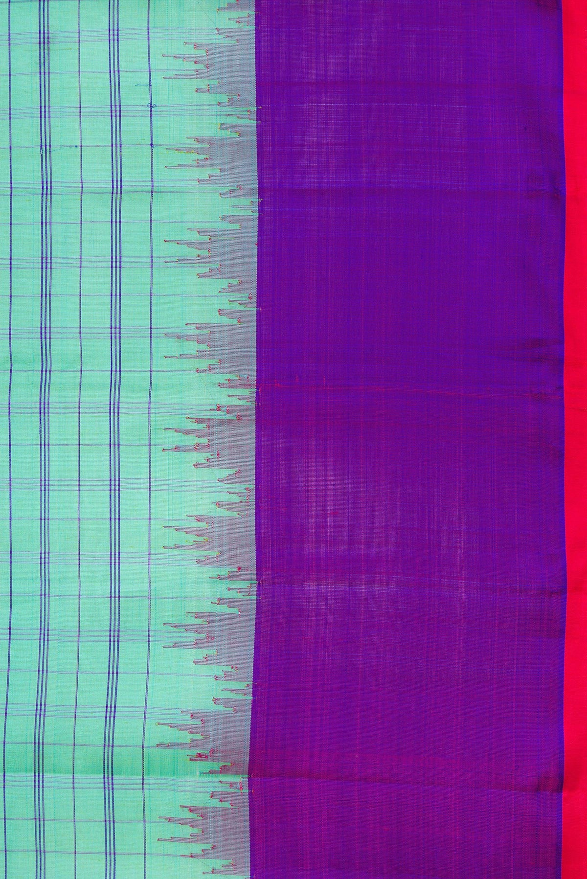 Border image of Sea Green Dual Tone Gadwal Silk Saree with Checked design on the body and Temple Border. 