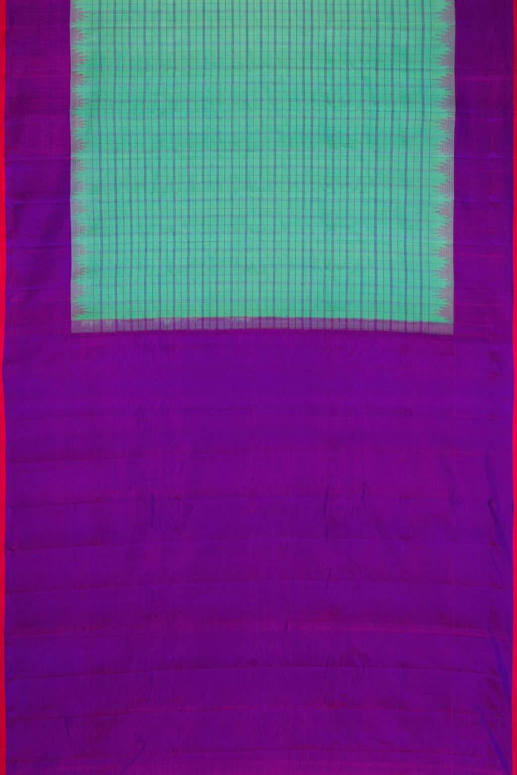 Flat view of Sea Green Dual Tone Gadwal Silk Saree with Checked design on the body and Temple Border. 