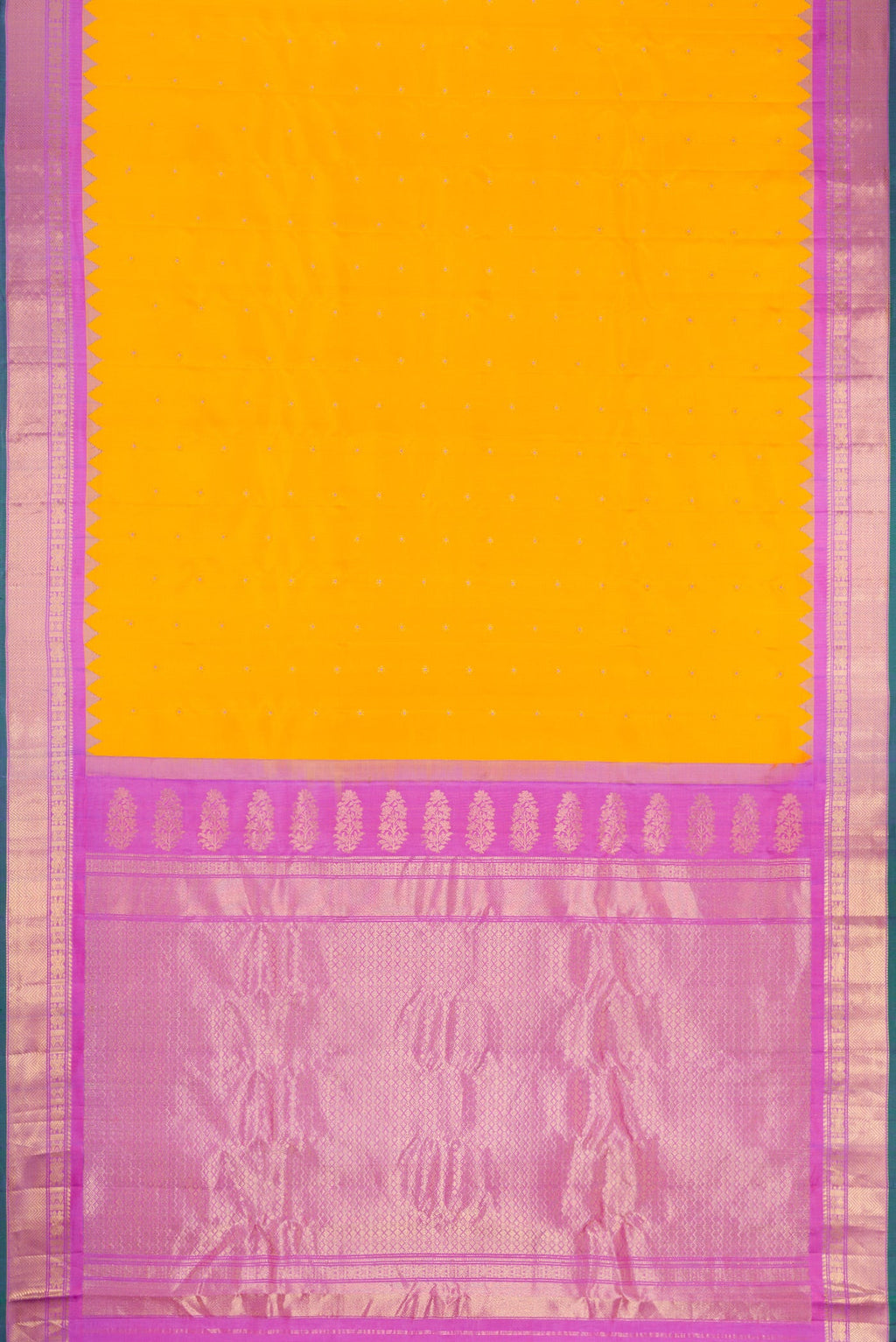 Flat view of Mustard Dual Tone Gadwal Silk Saree with Zari Butta on the body and Zari Border. 