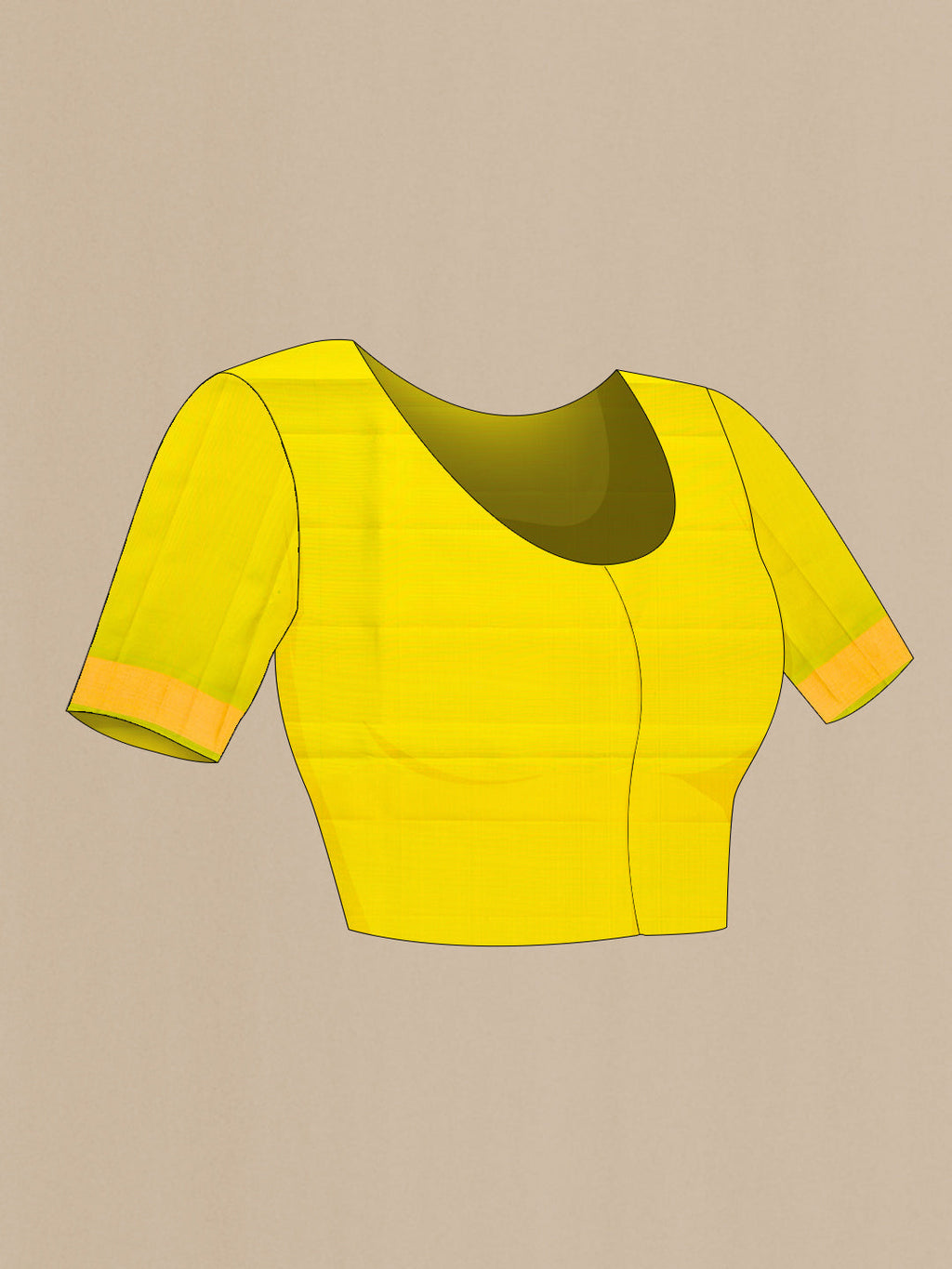 Close up image of the blouse of Yellow Dual Tone Soft Silk Saree with Zari Butta on the body and Zari Border. 