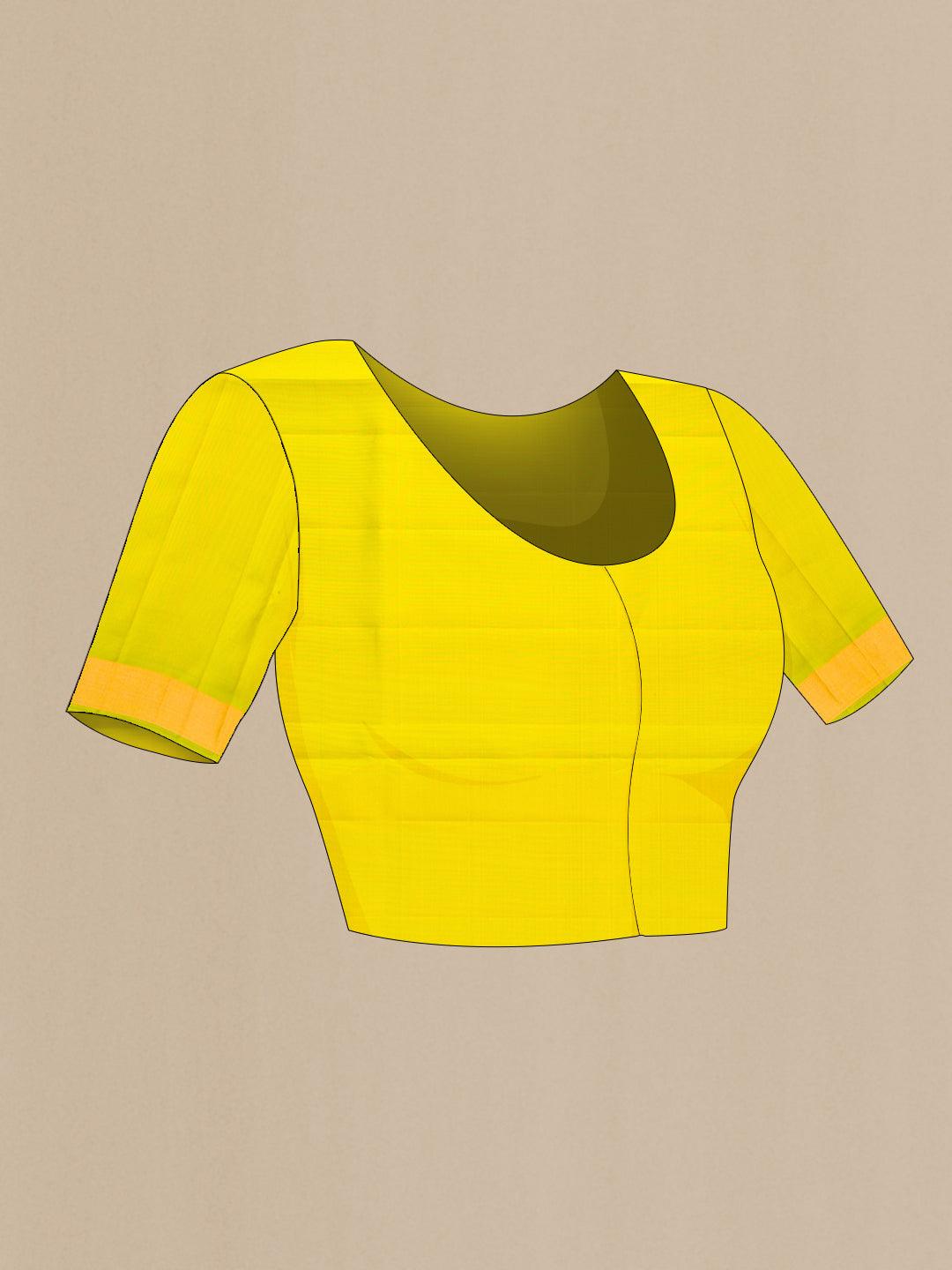 Close up image of the blouse of Yellow Dual Tone Soft Silk Saree with Zari Butta on the body and Zari Border. 
