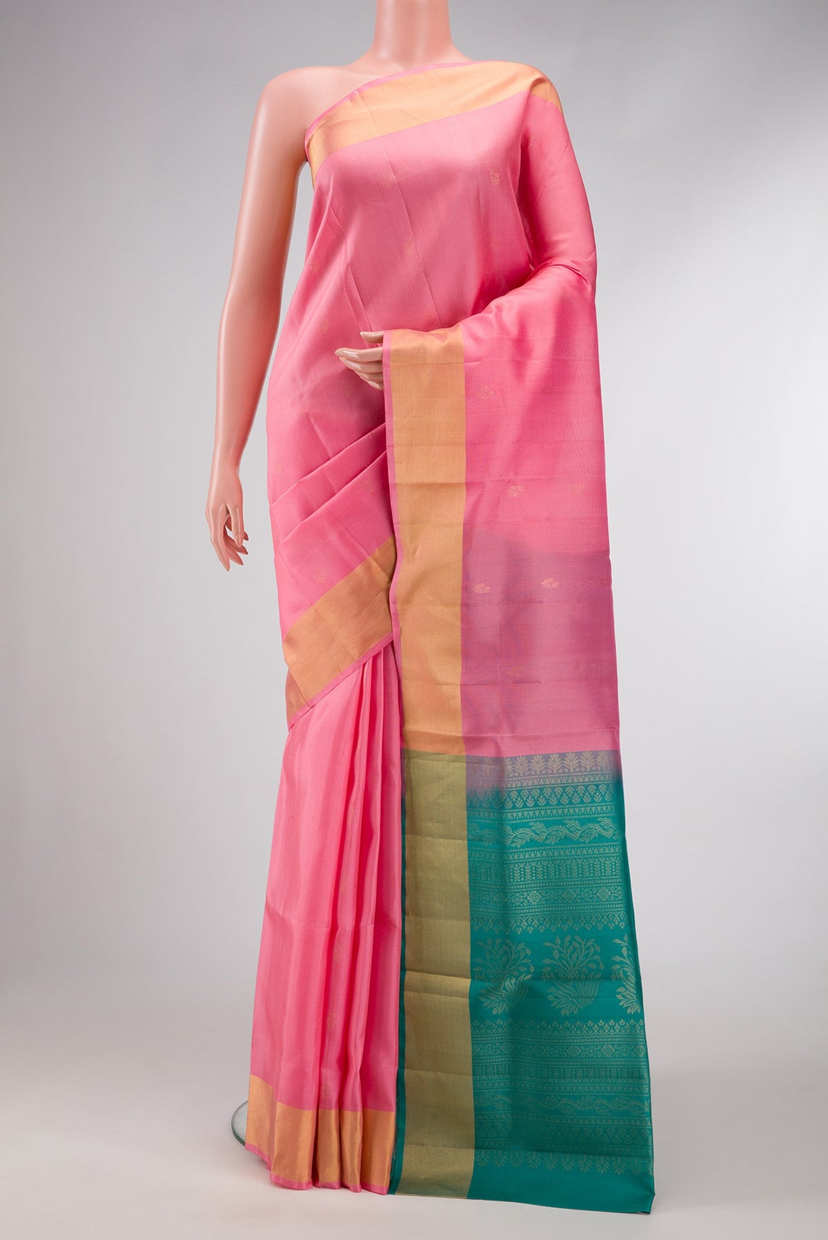 Pink Dual Tone Soft Silk Saree with Zari Butta on the body and Zari Border.  displayed on a mannequin