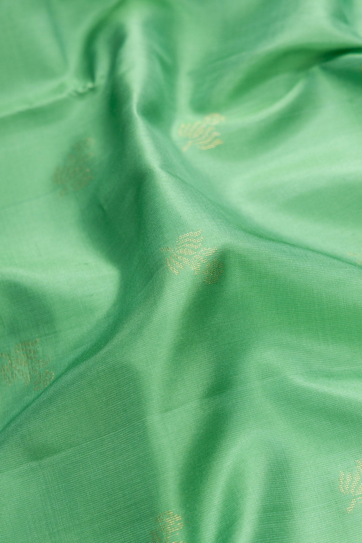 Close up of Pista Green Dual Tone Soft Silk Saree with Zari Butta on the body and Zari Border.  displaying folds