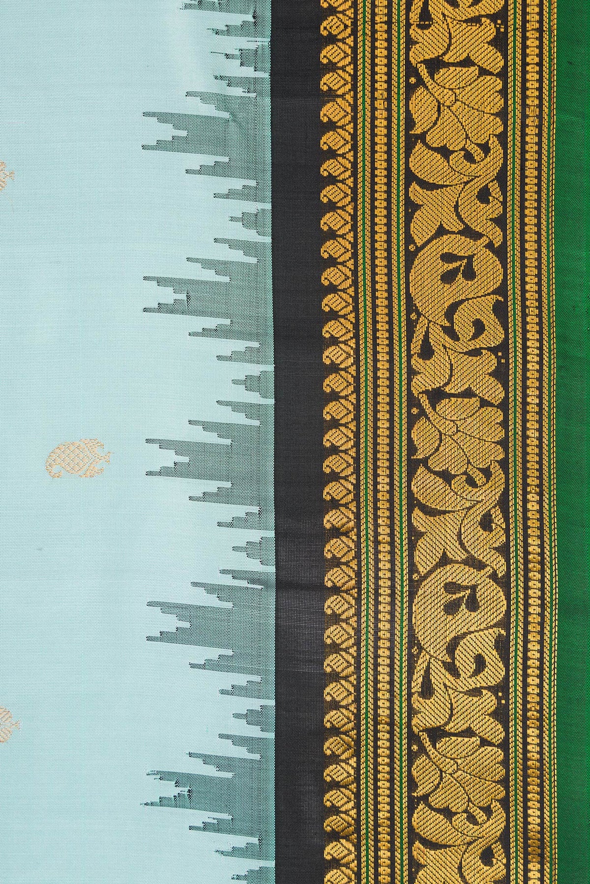 Border image of Light Blue Dual Tone Gadwal Silk Saree with Zari And Thread Butta on the body and Temple Border. 