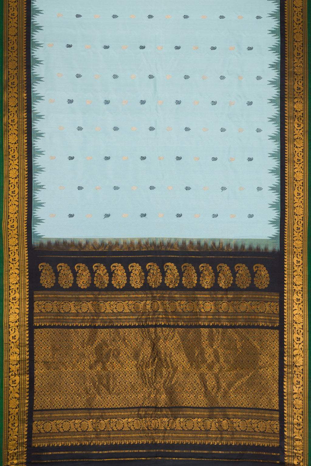 Flat view of Light Blue Dual Tone Gadwal Silk Saree with Zari And Thread Butta on the body and Temple Border. 