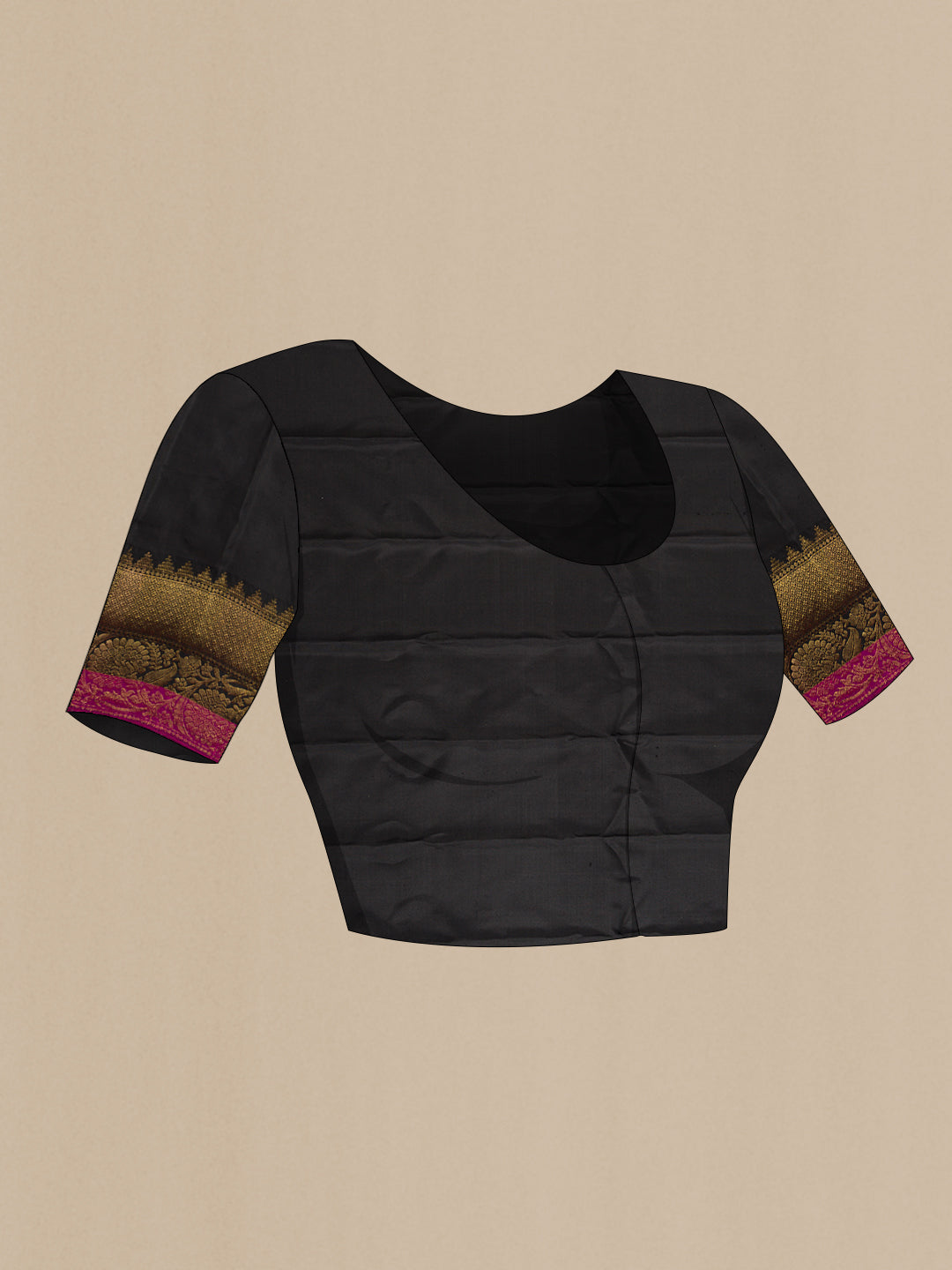 Close up image of the blouse of Black Dual Tone Gadwal Silk Saree with Zari Butta on the body and Zari Border. 