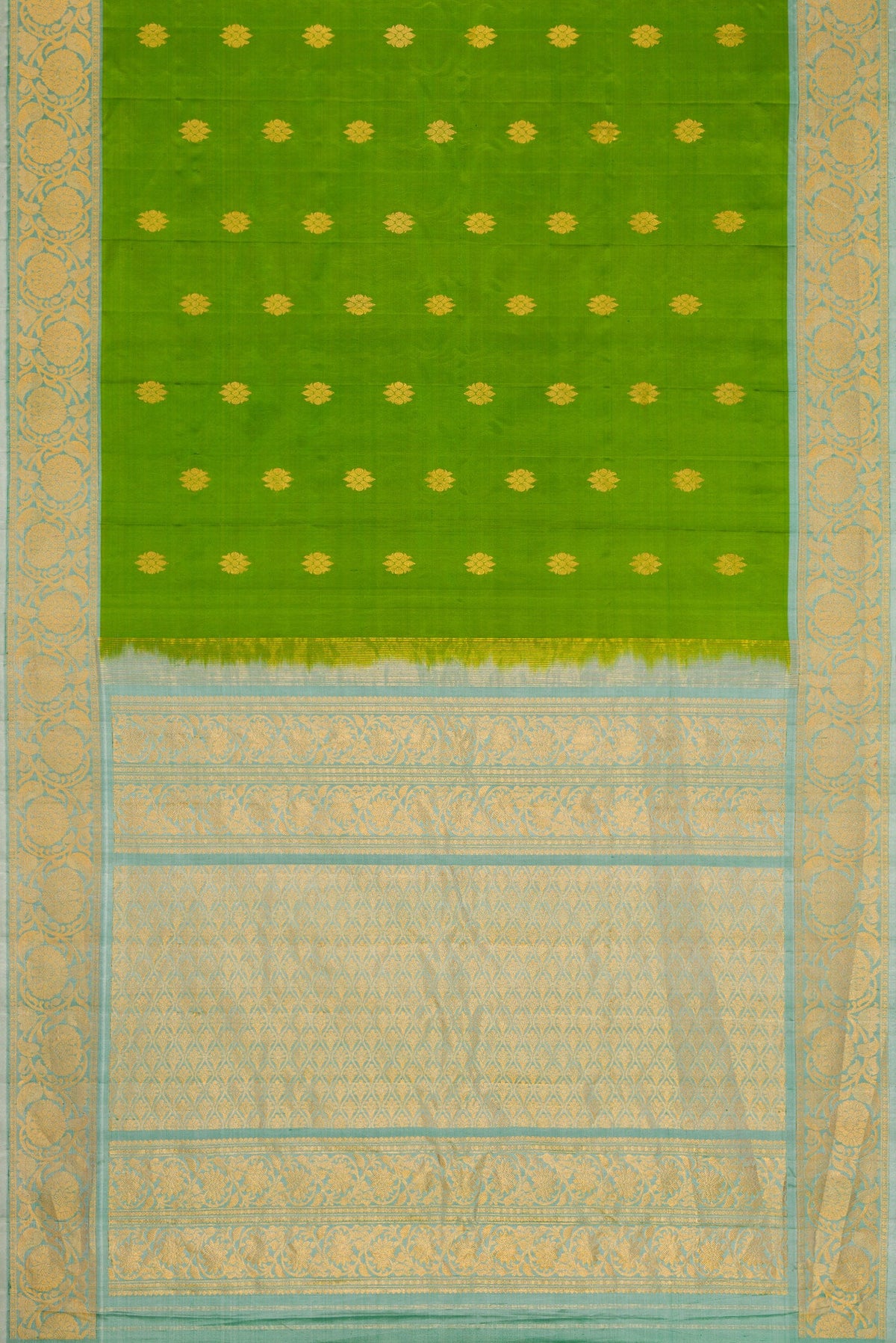 Flat view of Green Dual Tone Gadwal Silk Saree with Zari Butta on the body and Zari Border. 