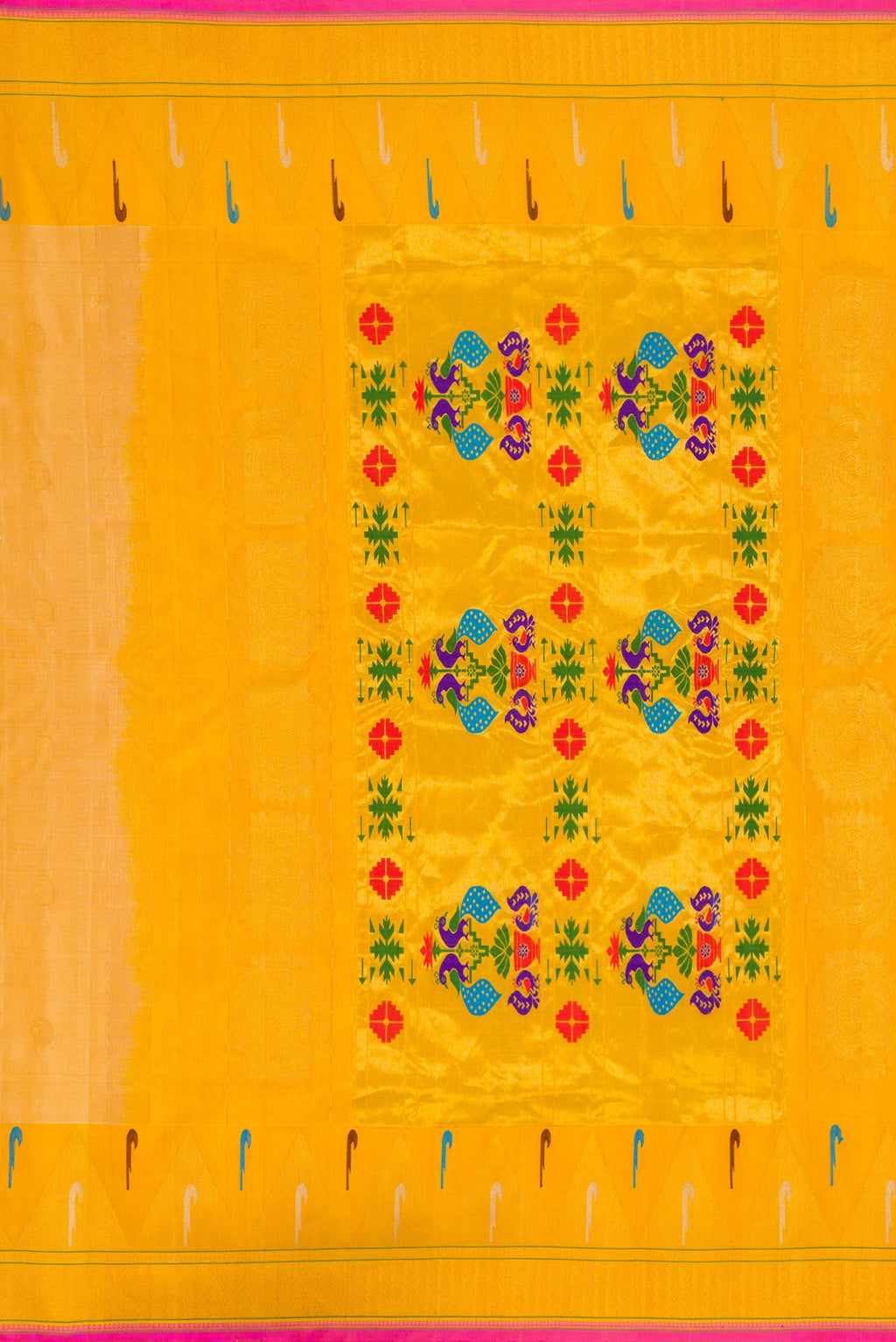 Close up image of the pallu of Sandal Dual Tone Gadwal Silk Saree with Zari Butta on the body and Paithani Border. 