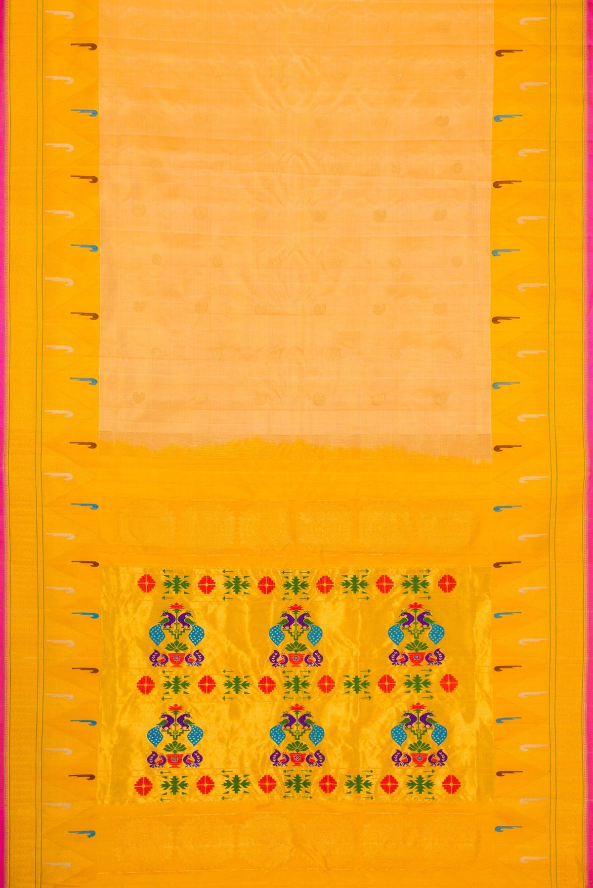 Flat view of Sandal Dual Tone Gadwal Silk Saree with Zari Butta on the body and Paithani Border. 