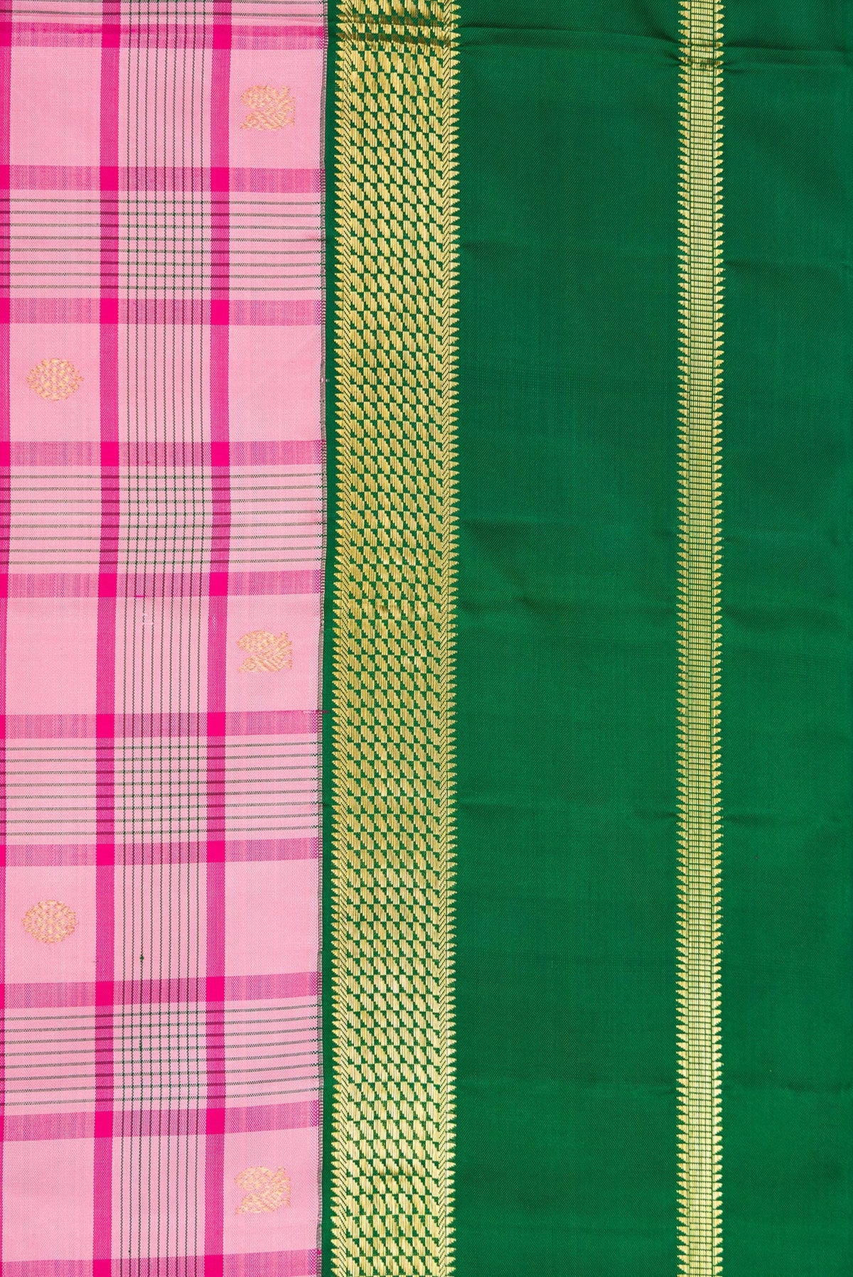 Border image of Pure Silk Pure Zari Pink Dual Tone Kanjivaram Saree with Checked design on the body and Zari Border. 