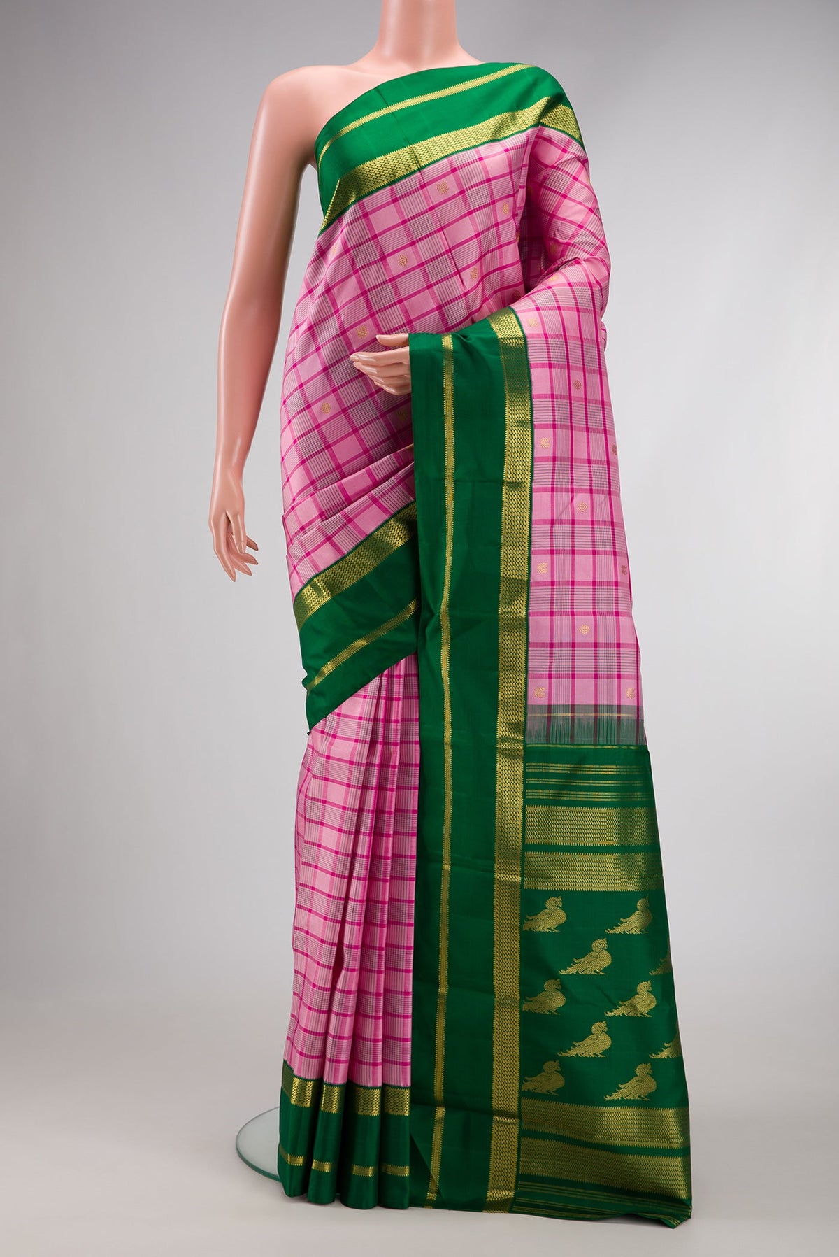 Pure Silk Pure Zari Pink Dual Tone Kanjivaram Saree with Checked design on the body and Zari Border.  displayed on a mannequin