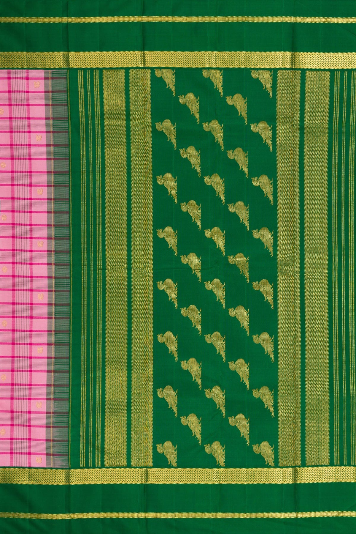 Close up image of the pallu of Pure Silk Pure Zari Pink Dual Tone Kanjivaram Saree with Checked design on the body and Zari Border. 