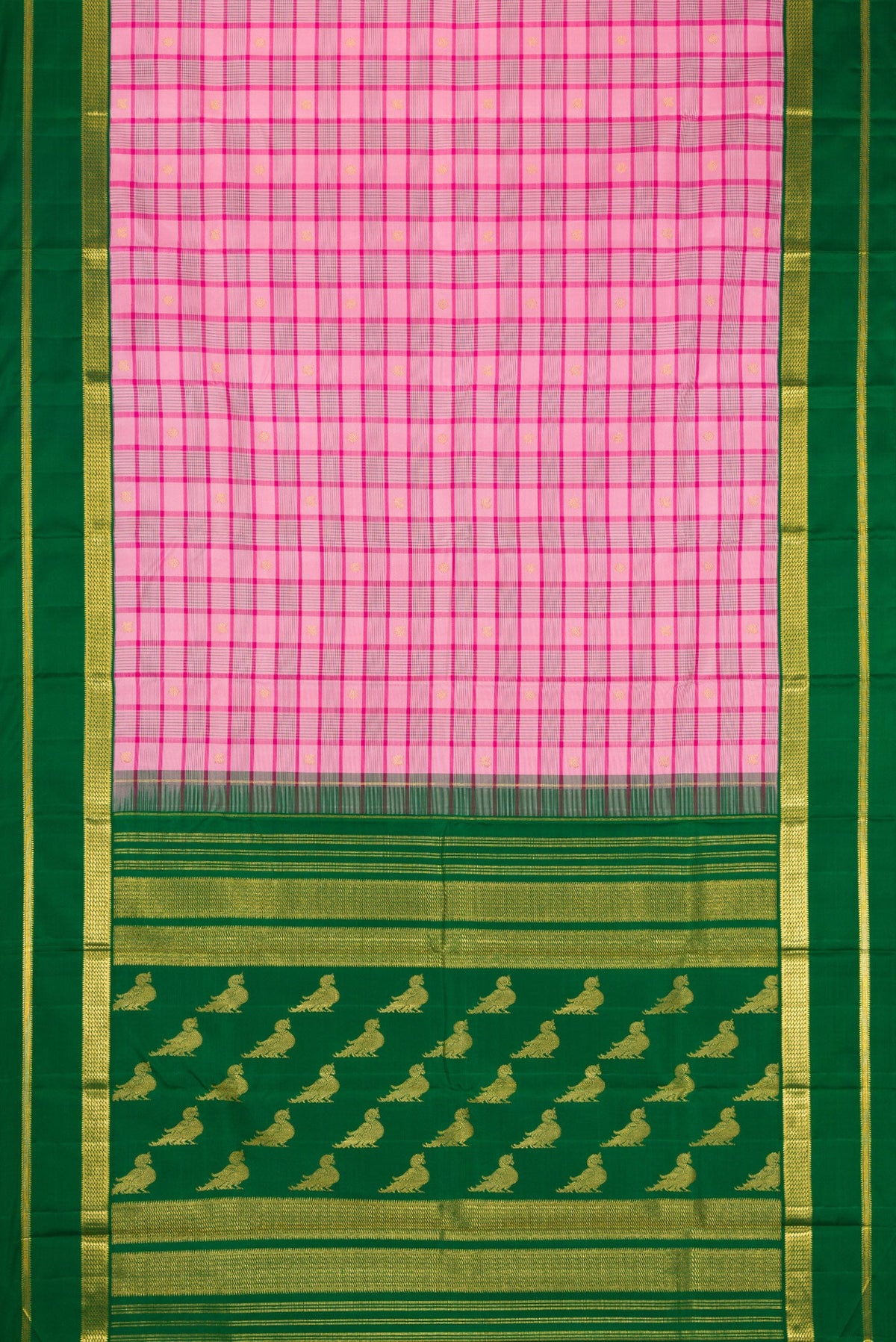 Flat view of Pure Silk Pure Zari Pink Dual Tone Kanjivaram Saree with Checked design on the body and Zari Border. 