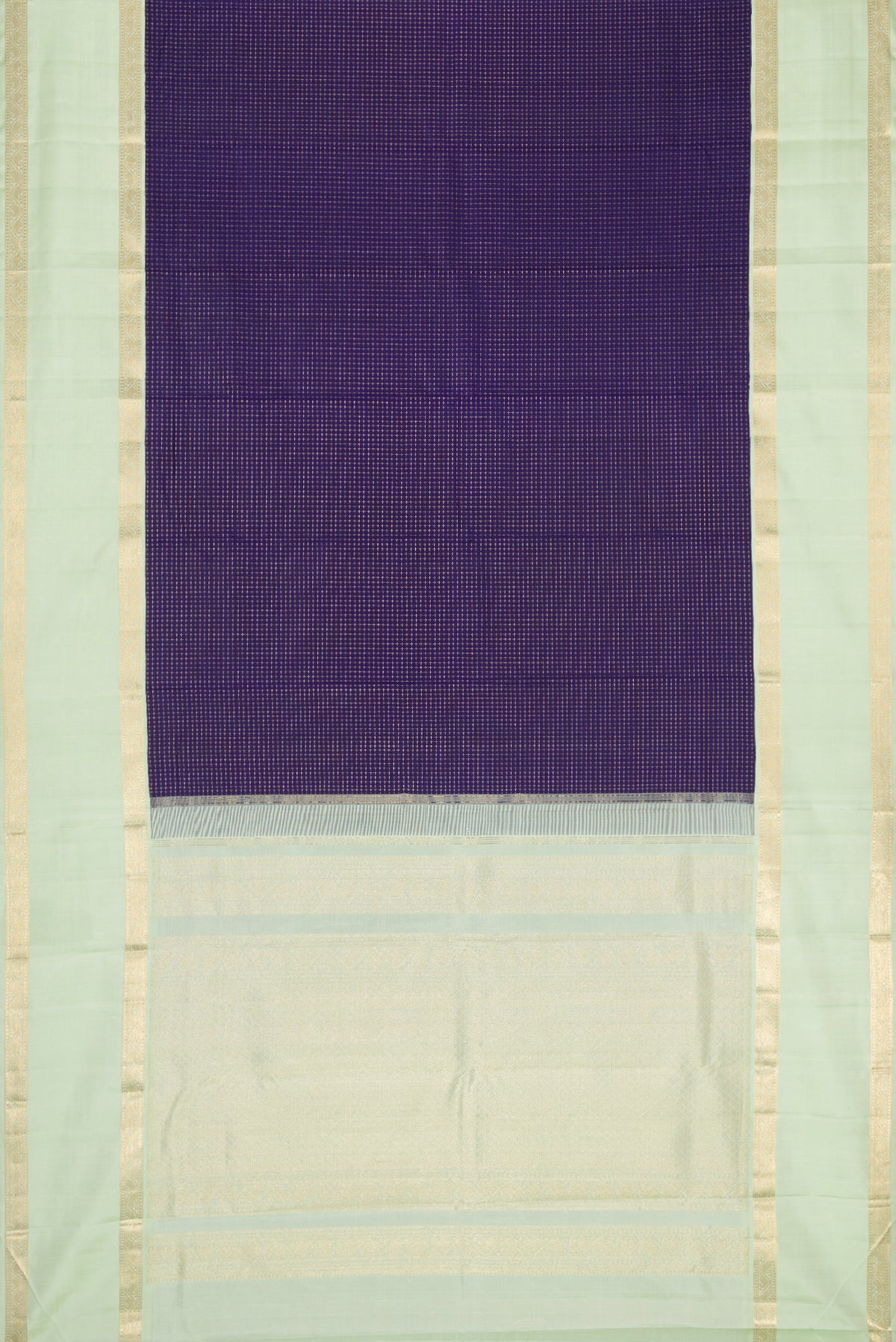 Flat view of Navy Blue Dual Tone Kanjivaram Silk Saree with Checked design on the body and Zari Border. 