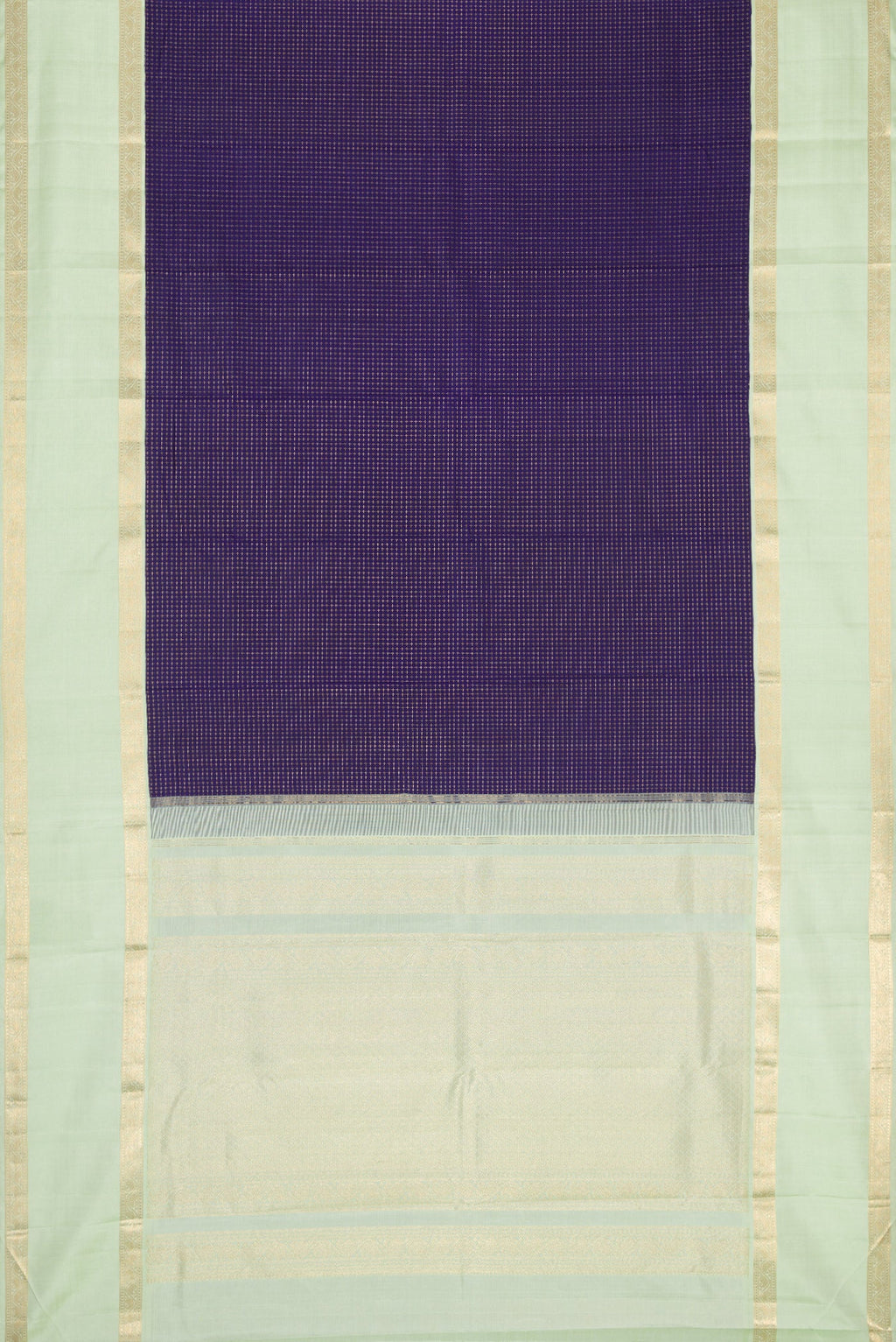 Flat view of Navy Blue Dual Tone Kanjivaram Silk Saree with Checked design on the body and Zari Border. 