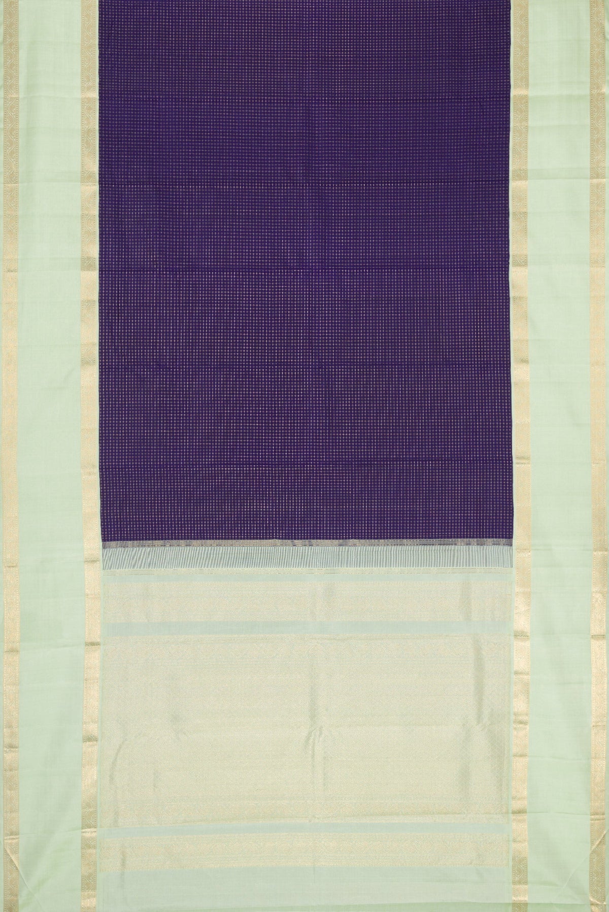 Flat view of Navy Blue Dual Tone Kanjivaram Silk Saree with Checked design on the body and Zari Border. 