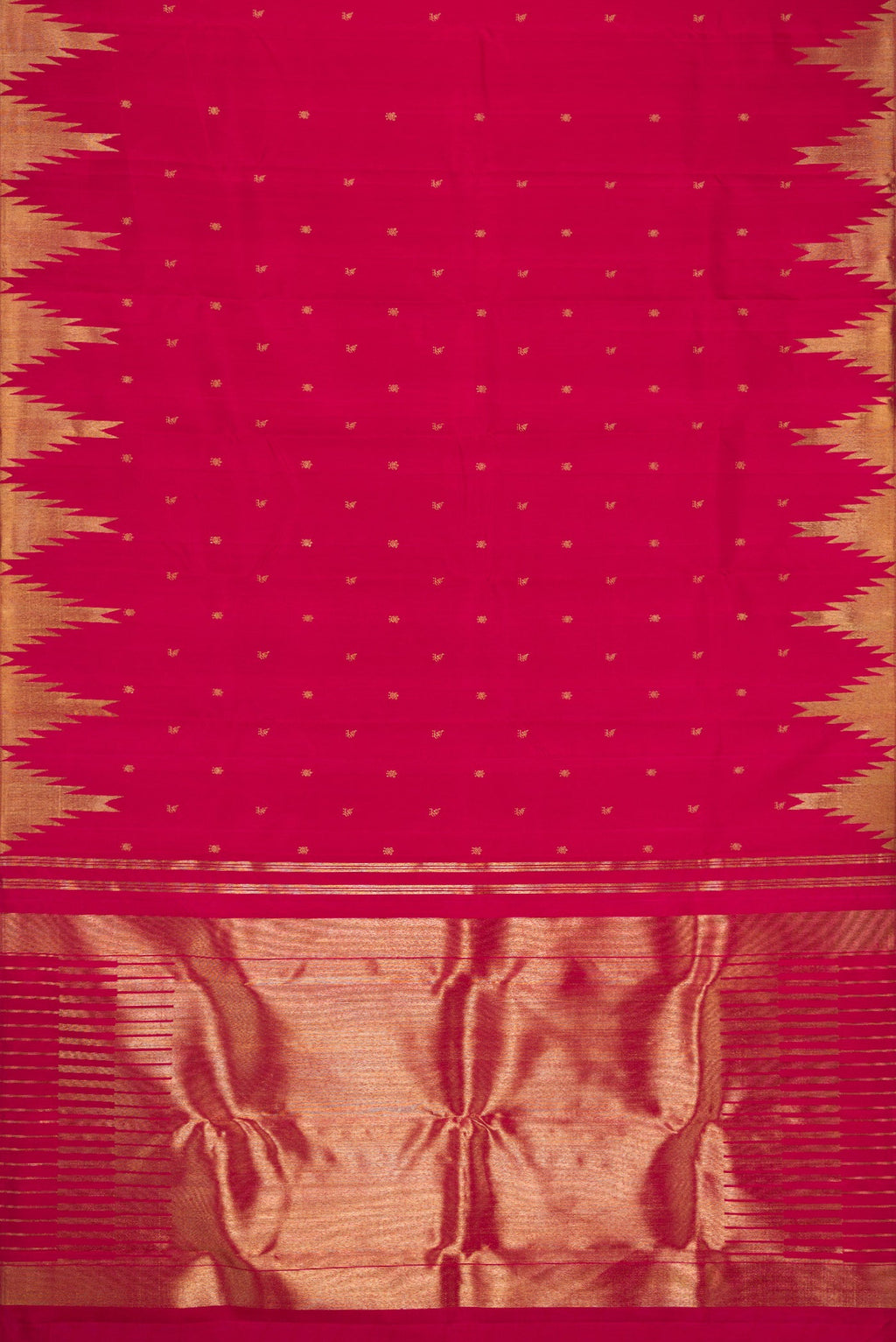 Flat view of Maroon Dual Tone Kanchipuram Silk Saree with Zari Butta on the body and Temple Border. 