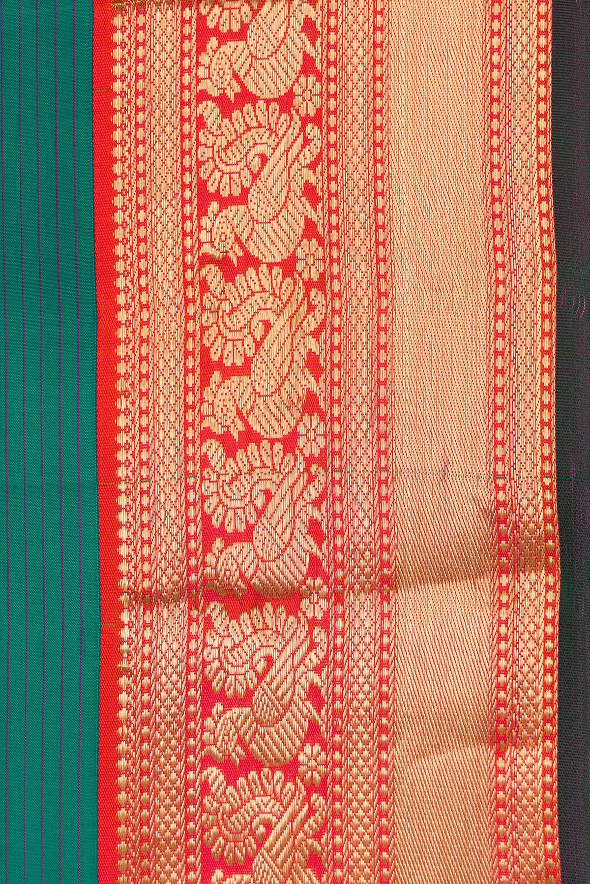 Border image of Green Dual Tone Kanchipuram Silk Saree with Stripes on the body and Zari Border. 