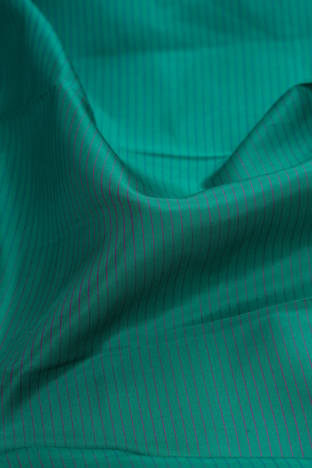 Close up of Green Dual Tone Kanchipuram Silk Saree with Stripes on the body and Zari Border.  displaying folds
