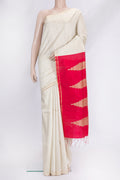Beige Dual Tone Raw Silk Saree with Plain Body and Thin Zari Line.  displayed on a mannequin