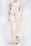 Off White Dual Tone Raw Silk Saree with Plain Body and Fancy Border.  displayed on a mannequin