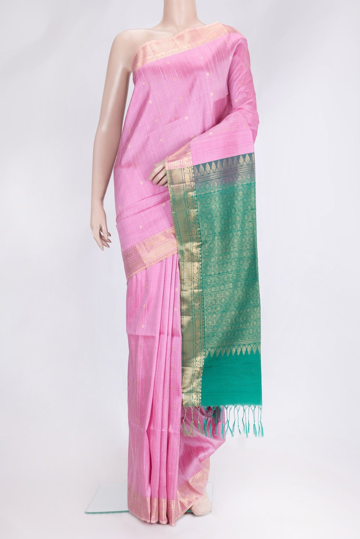 Pink Dual Tone Raw Silk Saree with Zari Butta on the body and Zari Border.  displayed on a mannequin