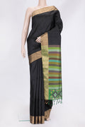 Black Dual Tone Raw Silk Saree with Plain Body and Zari Border.  displayed on a mannequin