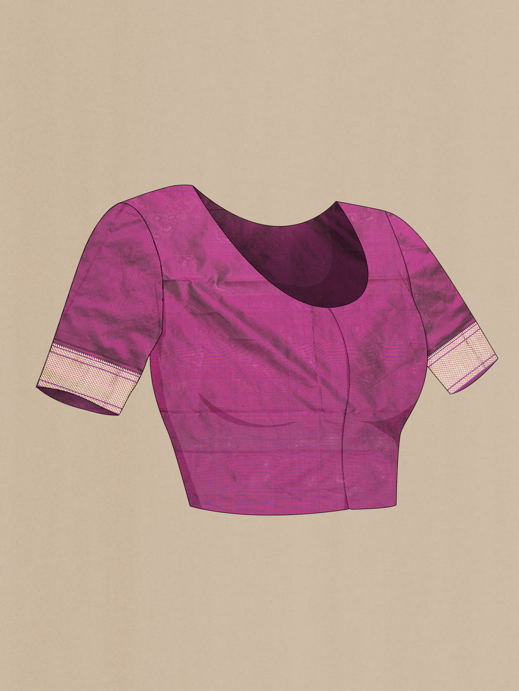 Close up image of the blouse of Magenta Dual Tone Blended Paithani Silk Saree with Zari Butta on the body and Zari Border. 