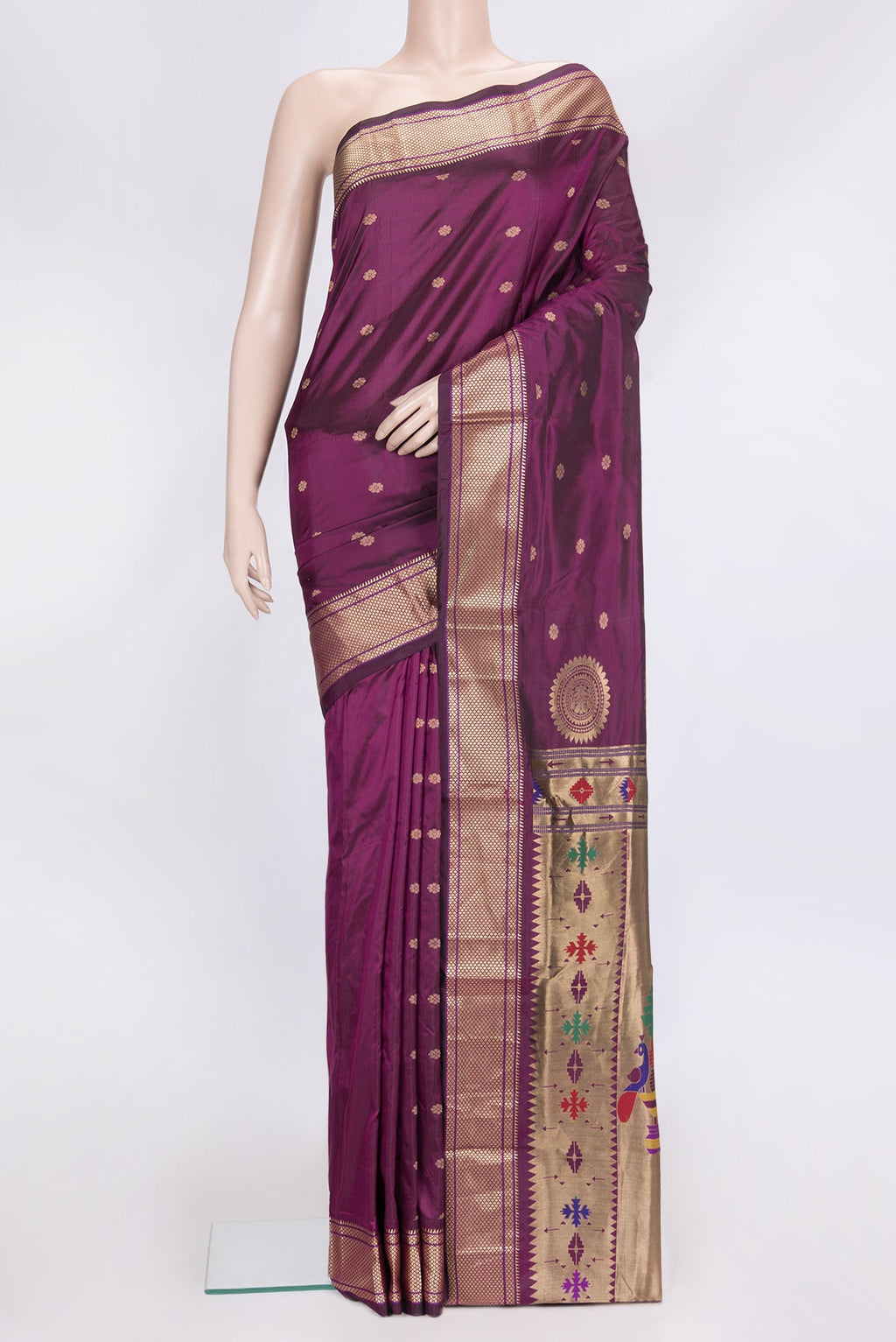 Magenta Dual Tone Blended Paithani Silk Saree with Zari Butta on the body and Zari Border.  displayed on a mannequin