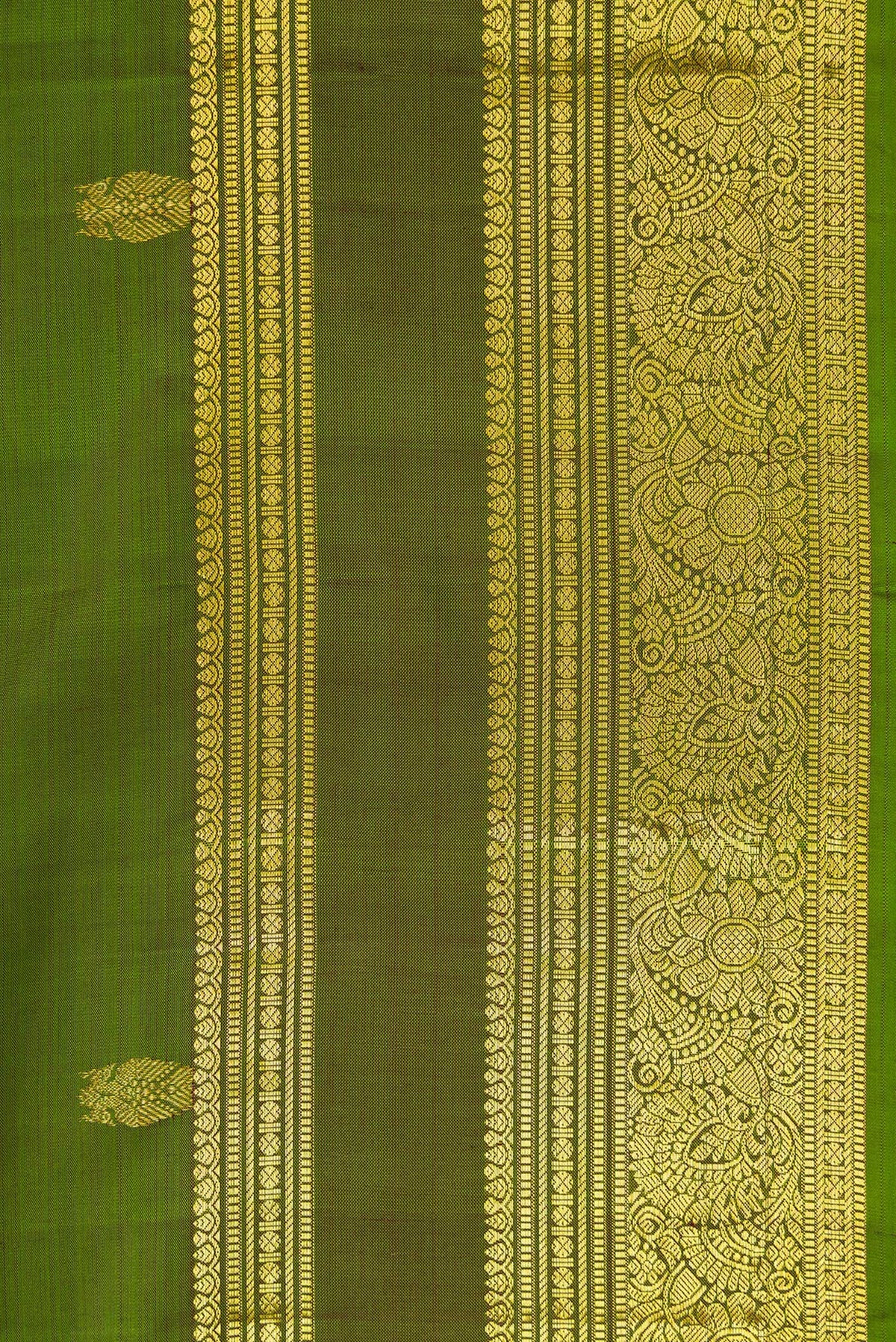 Border image of Mehandi Green Dual Tone Kanjivaram Silk Saree with Zari Butta on the body and Zari Border. 