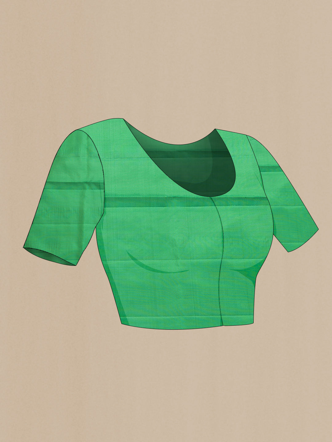 Close up image of the blouse of Green Dual Tone Soft Silk Saree with Zari Butta on the body and Without Border. 