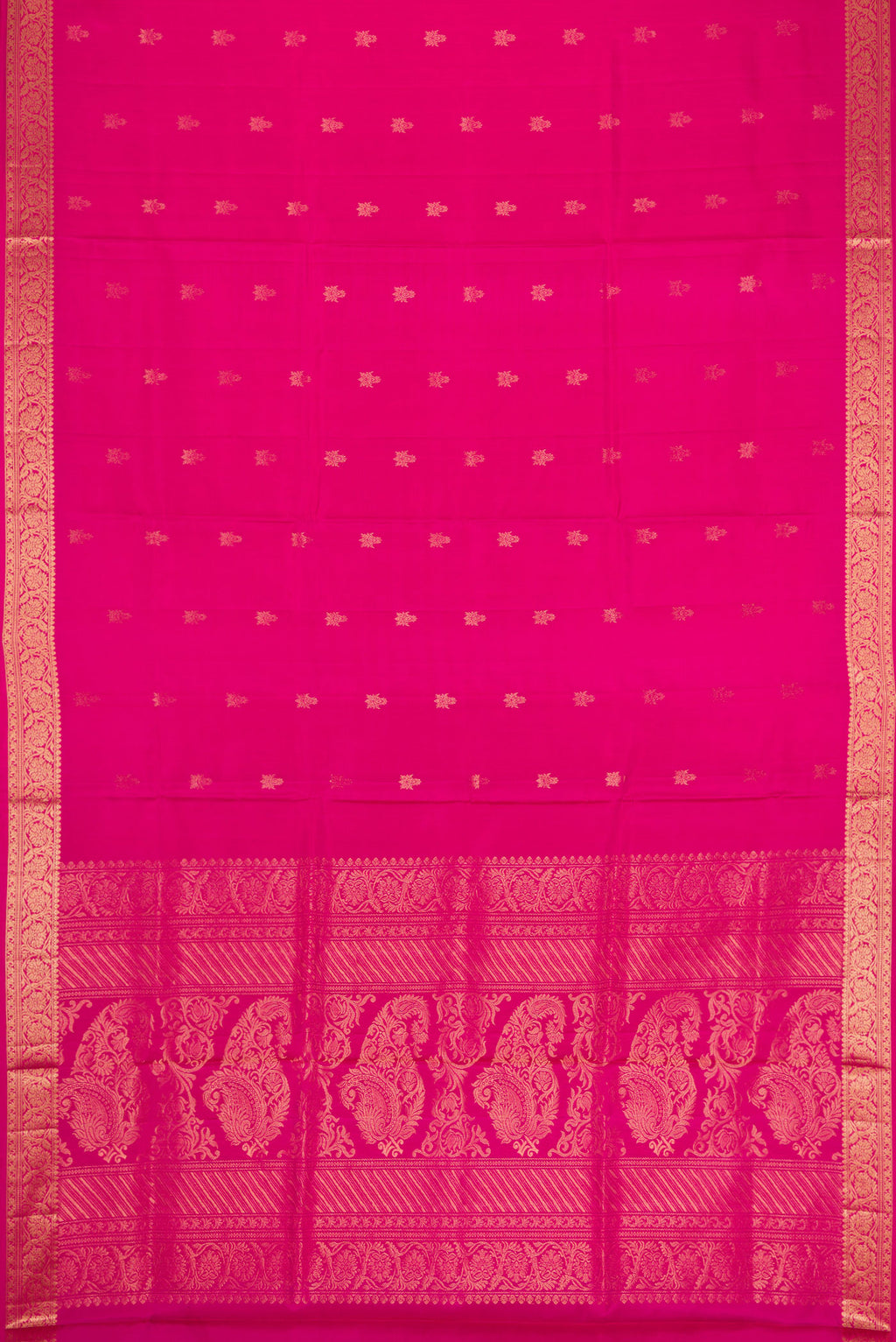 Flat view of Pink Soft Silk Saree with Zari Butta on the body and Zari Border. 