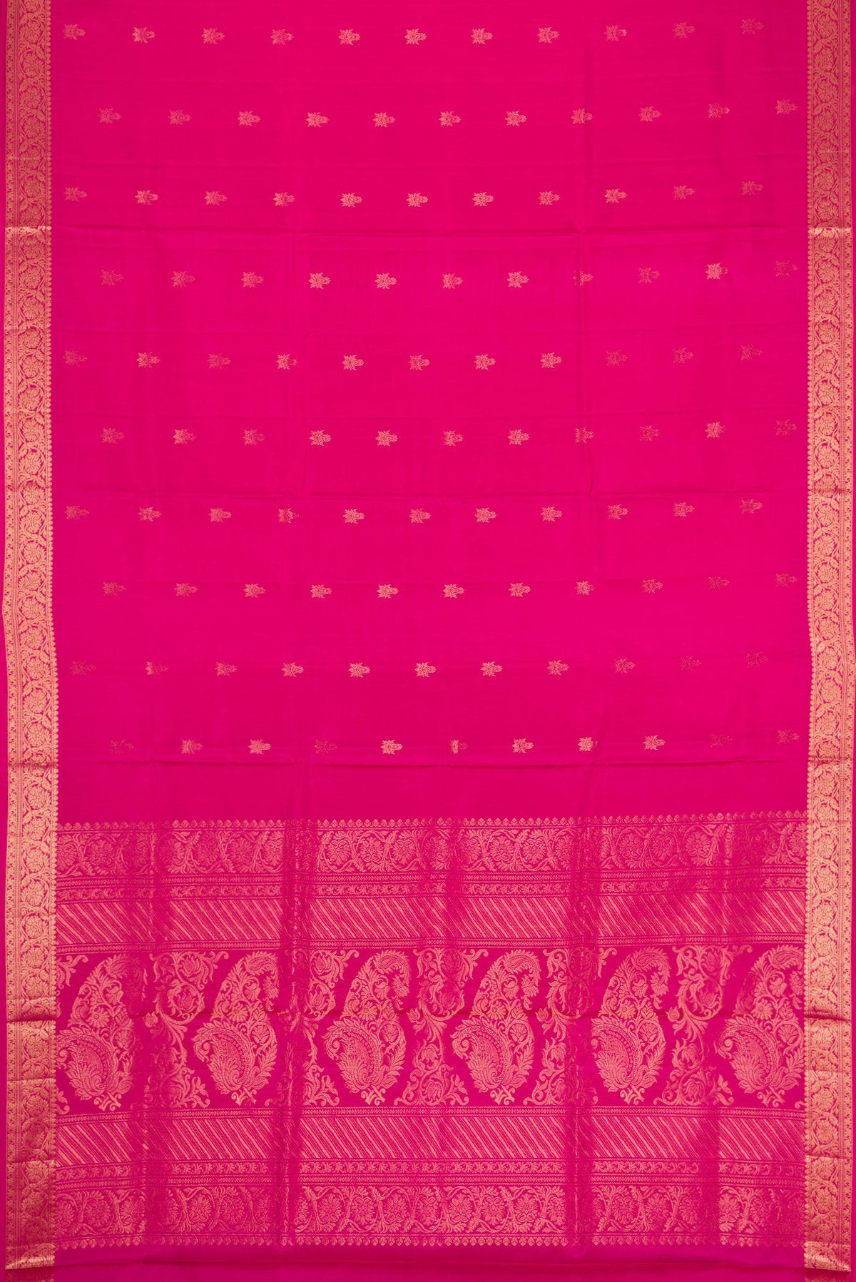 Flat view of Pink Dual Tone Soft Silk Saree with Zari Butta on the body and Zari Border. 