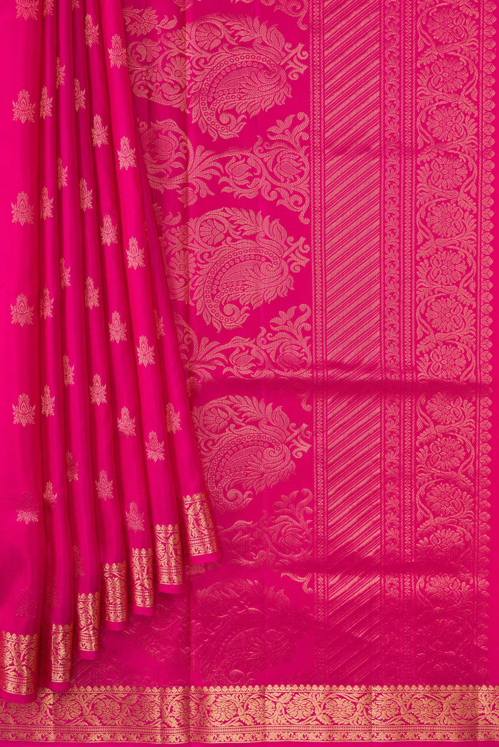 Pleats and pallu of Pink Soft Silk Saree with Zari Butta on the body and Zari Border. 