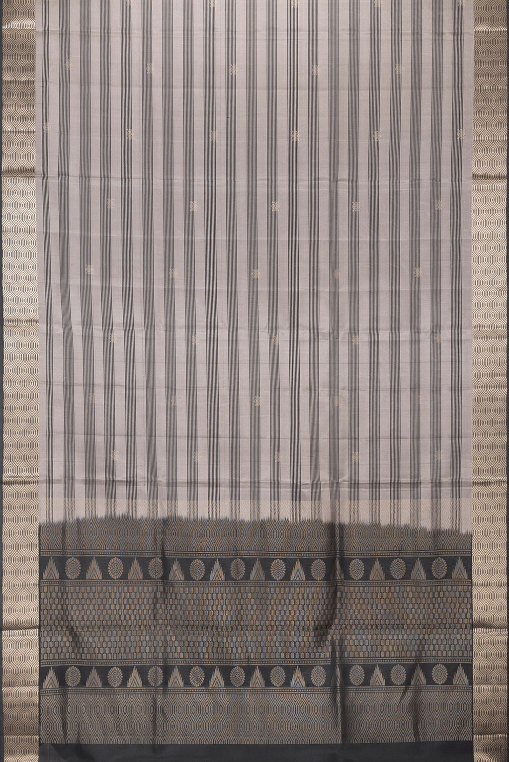 Flat view of Grey Dual Tone Soft Silk Saree with Stripes on the body and Zari Border. 