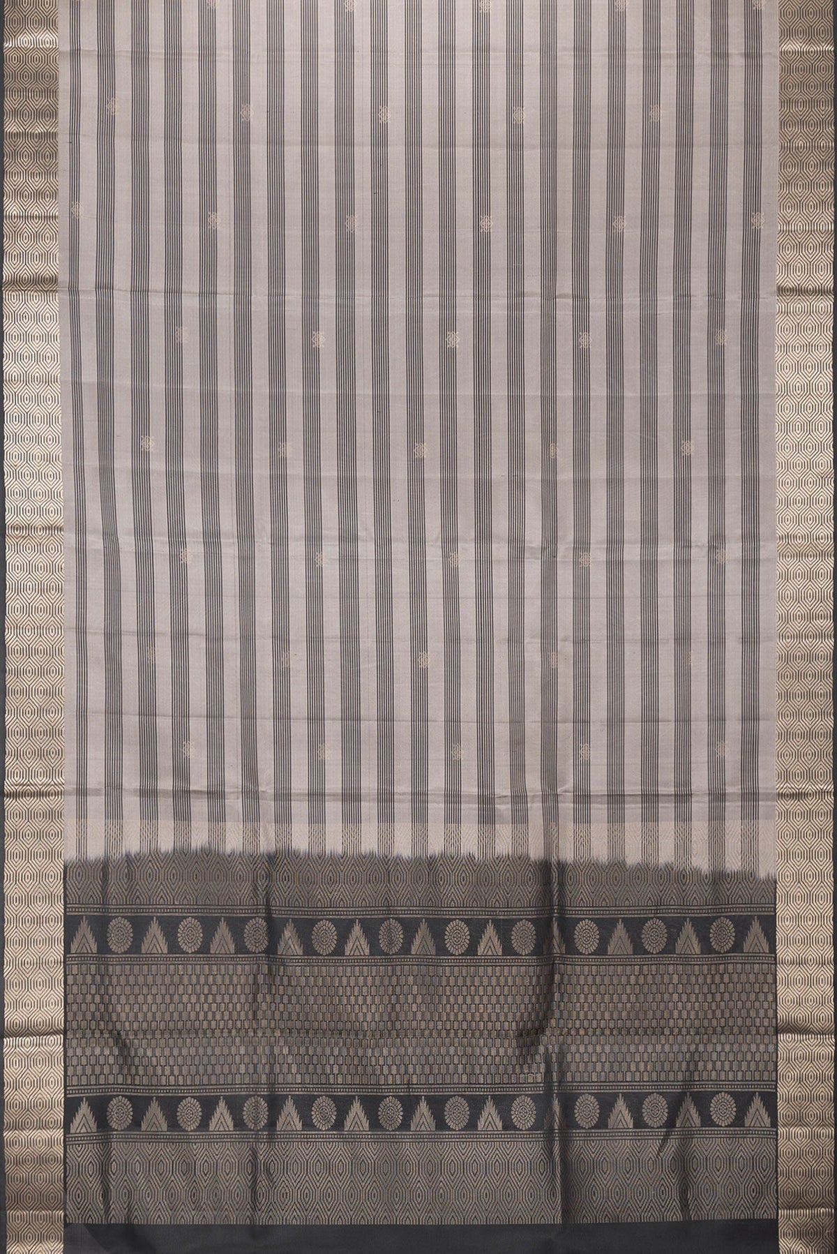 Flat view of Grey Dual Tone Soft Silk Saree with Stripes on the body and Zari Border. 