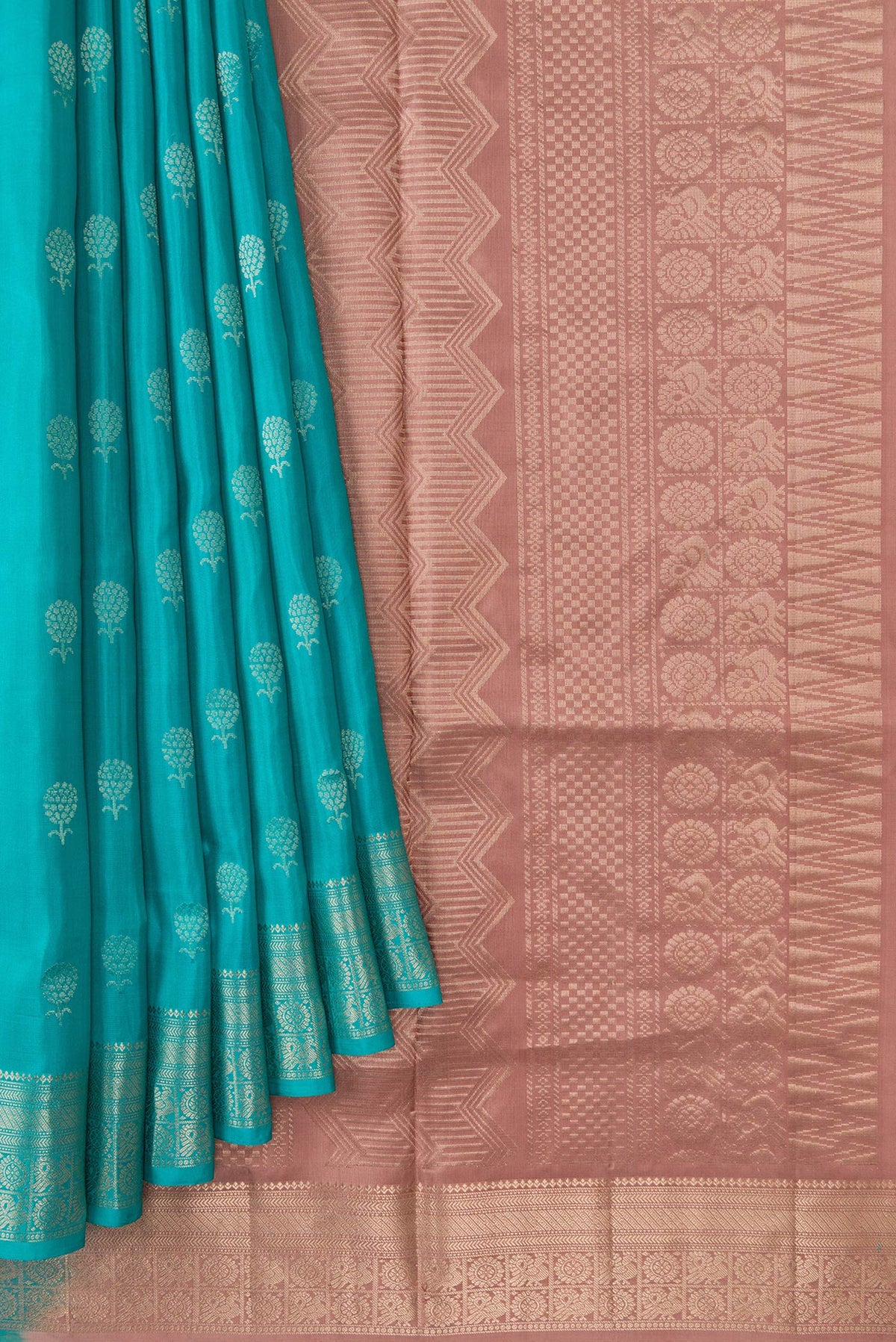 Pleats and pallu of Maya Blue Dual Tone Soft Silk Saree with Zari Butta on the body and Zari Border. 