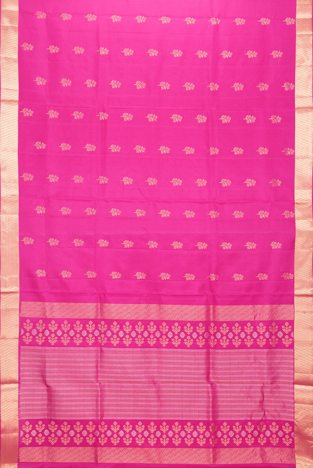 Flat view of Pink Dual Tone Soft Silk Saree with Zari Butta on the body and Zari Border. 