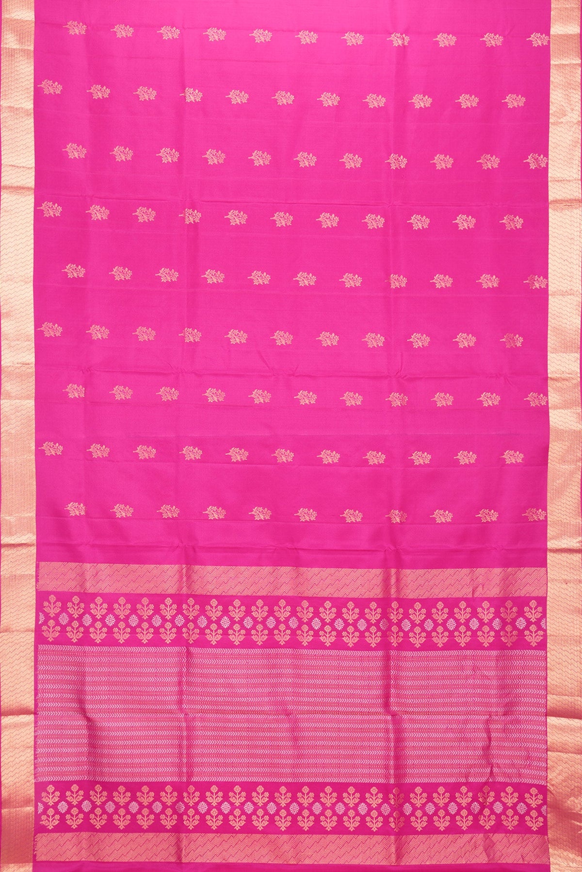 Flat view of Pink Dual Tone Soft Silk Saree with Zari Butta on the body and Zari Border. 
