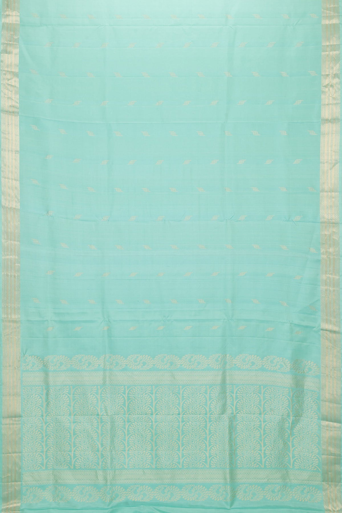 Flat view of Sea Green Dual Tone Soft Silk Saree with Zari Butta on the body and Zari Border. 