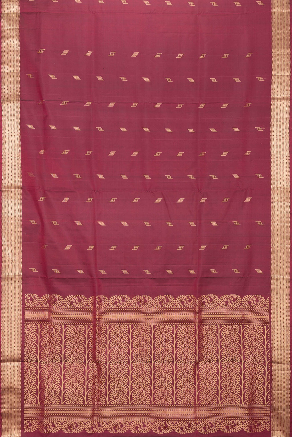 Flat view of Maroon Dual Tone Soft Silk Saree with Zari Butta on the body and Zari Border. 