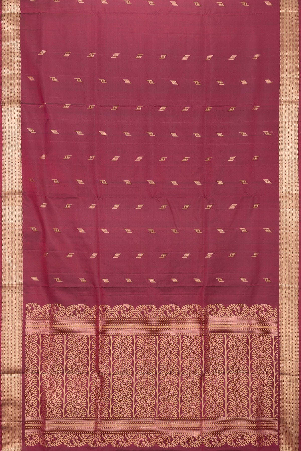 Flat view of Maroon Dual Tone Soft Silk Saree with Zari Butta on the body and Zari Border. 