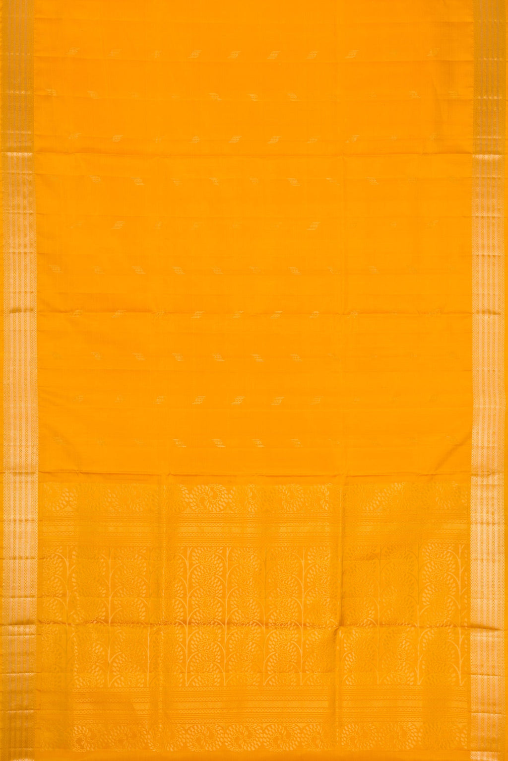 Flat view of Mustard Dual Tone Soft Silk Saree with Zari Butta on the body and Zari Border. 