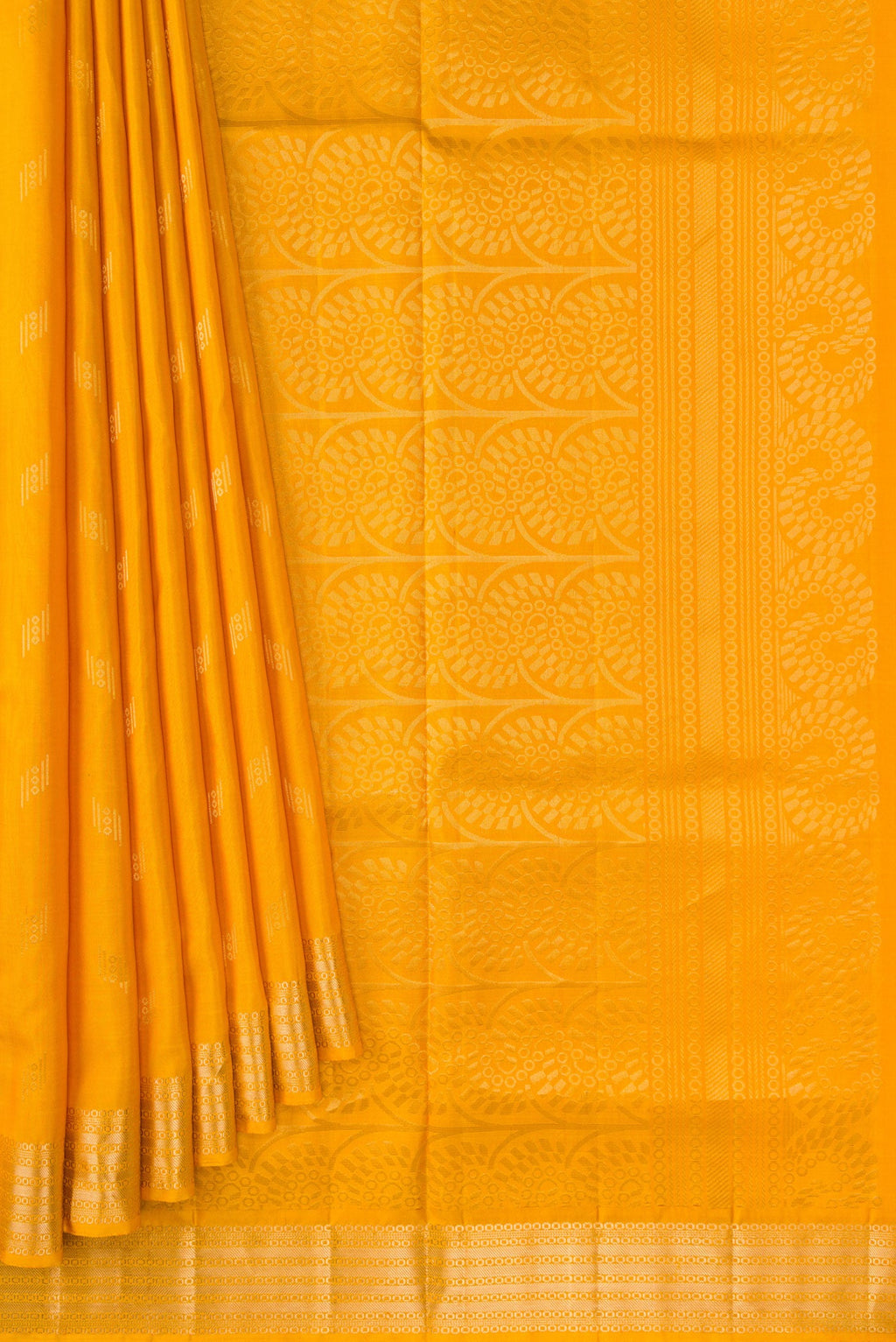 Pleats and pallu of Mustard Dual Tone Soft Silk Saree with Zari Butta on the body and Zari Border. 