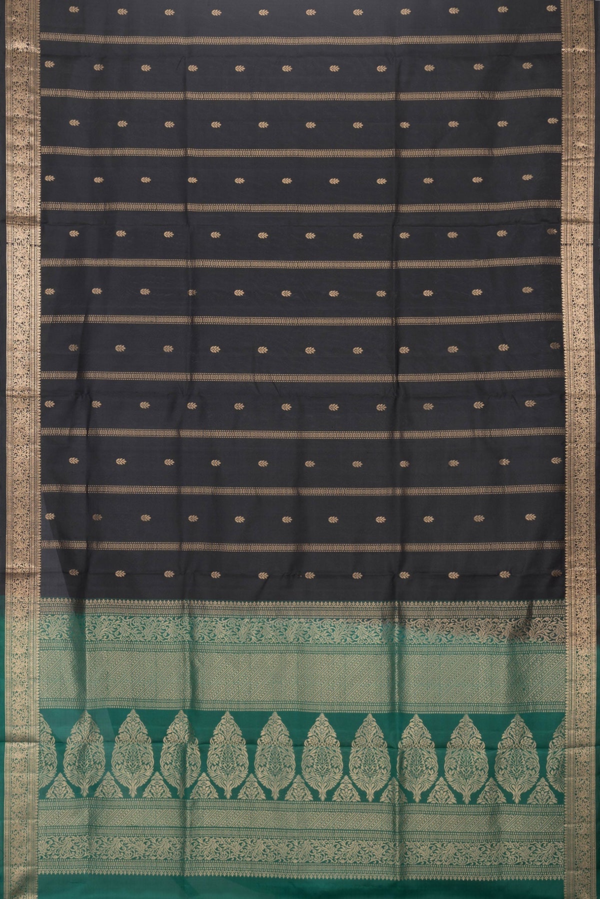 Flat view of Black Dual Tone Soft Silk Saree with Zari Butta on the body and Zari Border. 
